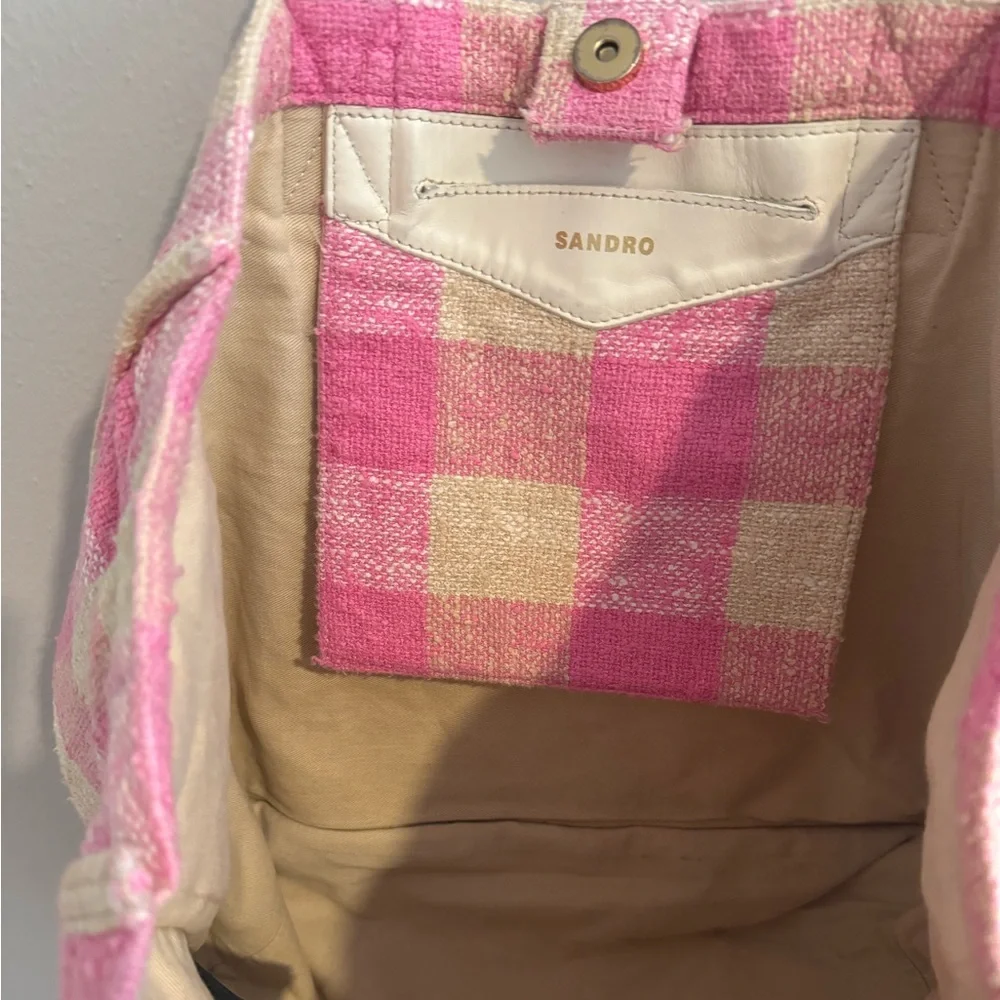 $450 SANDRO Kasbah gingham print cotton‎ tote bag shoulder bag pink cream white - Picture 8 of 10